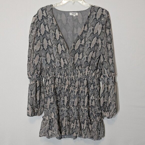 Women's VOGE BOUTIQUE, Gray/Beige Snake Print Chiffon Mini Dress; Size L - Picture 1 of 6